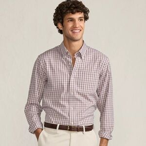 LANDS' END (15.5-35) No Iron Supima Cotton Dress Shirt Burgundy Multi-Check NWT